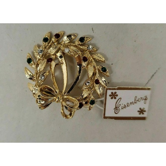 Vintage‎ new Eisenberg gold tone holiday Christmas wreath rhinestone brooch pin - Picture 3 of 4